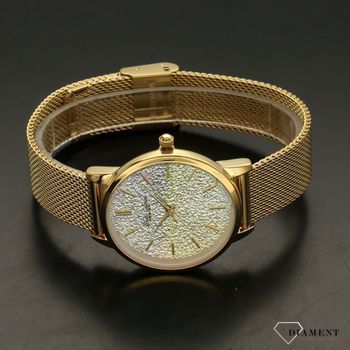 Zegarek damski BRUNO CALVANI BC90533 złoty brokatowa tarcza. Zegarek damski z piękną, modową tarczą zegarka. Tarc w jasnym kolorze. Bransoleta meshowa oraz koperta zegarka w kolorze złota. Zegarek damski w złot ( (3).jpg